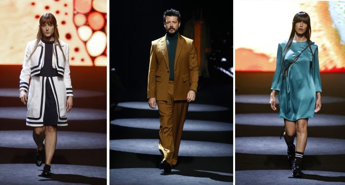 De izquierda a derecha, Marina Salas, Álvaro Morte y Nerea Barros en el desfile de Berhanyer en la MBFWM.