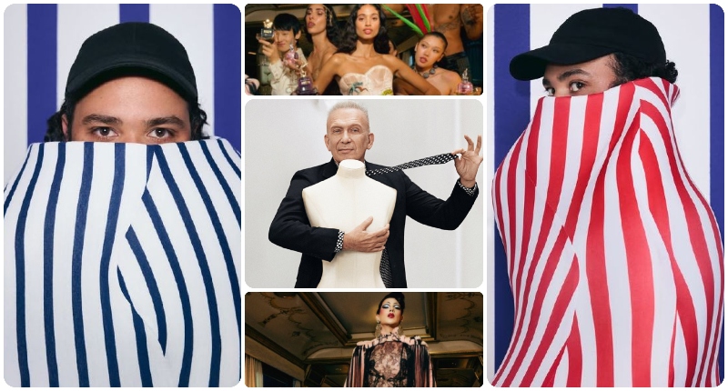 A izquierda y derecha, retratos de Duran Lantink por Walter Pfeiffer. Al centro, Jean Paul Gaultier y diseños recientes de la marca.