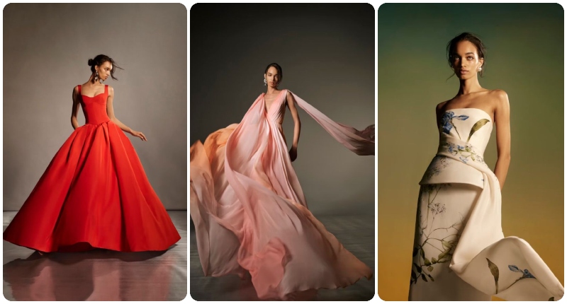 Los vestidos de Monique Lhuillier incluyen formas ligeras, volúmenes creativos y drapeados artísticos.