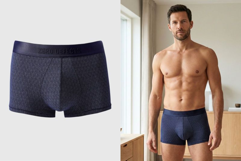 Aura recupera la espiga en clave marina. Un guiño al vestir clásico masculino, llevado a lo íntimo con naturalidad: el dibujo se percibe de cerca, como una historia tejida en silencio.