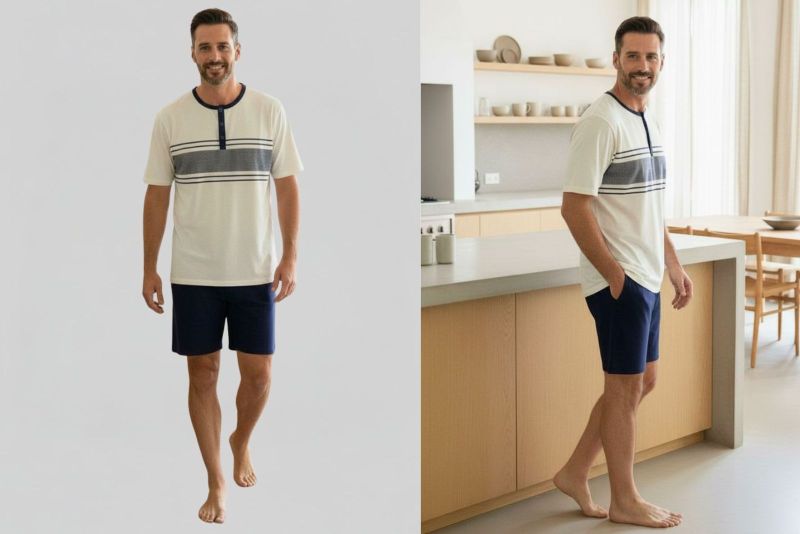 Duna introduce el blanco roto y una estructura serena en el pecho, como una forma de aportar calma visual. Un pijama que habla de luz suave y descanso largo.