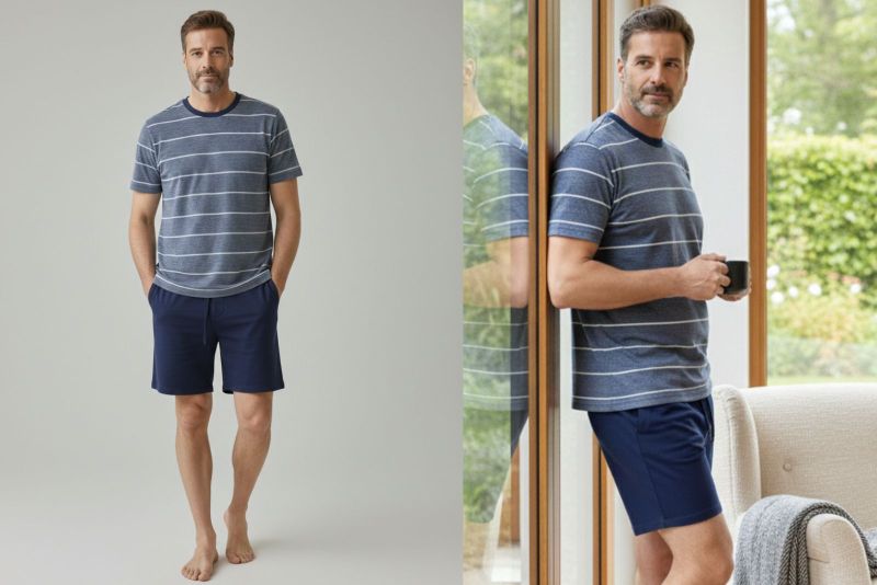 Eos sugiere amanecer: un azul con efecto suave, rayas finas y un conjunto que transmite ligereza sin fragilidad.