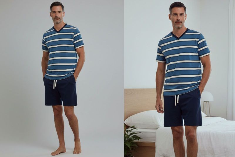 Silva apuesta por una raya más marcada, con azules y claros que mantienen el equilibrio clásico. Un pijama de manga corta y pantalón corto que parece hecho para bajar el ritmo.