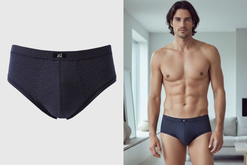 Zenit se mueve en el territorio del azul noche. Su microestampado sugiere distancia y orden, como una superficie que cambia con la luz. Es una colección que se reconoce por su serenidad.