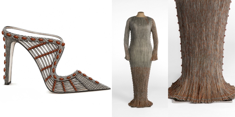 Vestido Delphos gris en seda plisada, de manga larga y escote barco. Mariano Fortuny y Madrazo ca. 1909