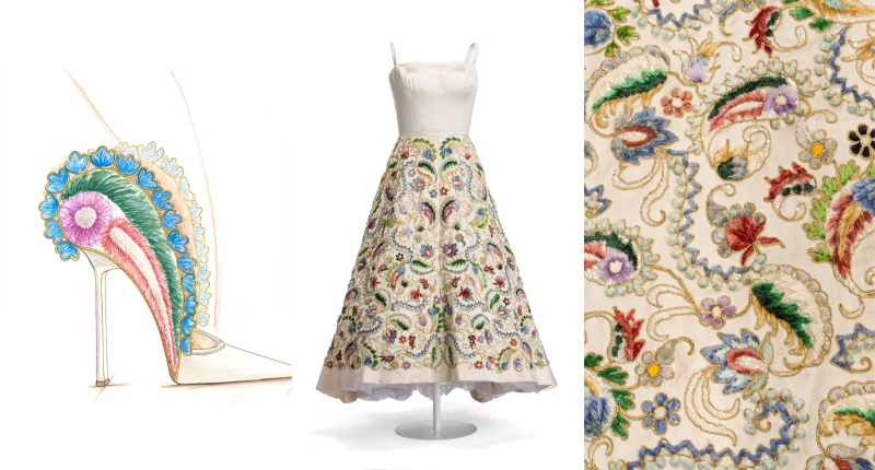 Vestido en satén color marfil con falda de vuelo guarnecida con bordado de chenilla con motivo vegetales y florales de tipo oriental. Pedro Rodríguez. 1960.